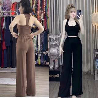 Set áo ba lỗ kèm quần ống suông dài 🍓🍓🍓10ca, Set Bộ Áo Ba Lỗ Cổ Tim Croptop Khoét Sâu + Quần Ống Xuông Rộng