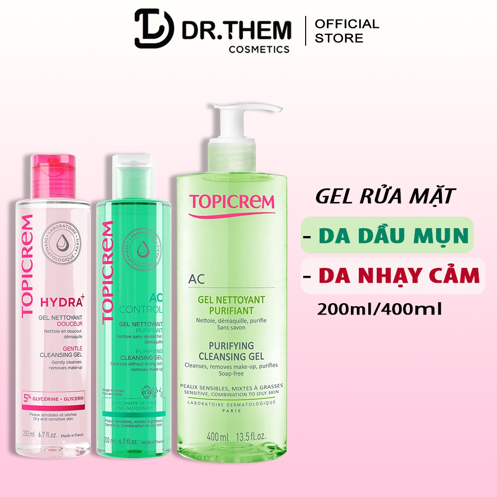 Sữa Rửa Mặt  Topicrem Cho Da (Dầu Mụn/Nhạy Cảm) TOPICREM (AC Purifying/Gentle) Cleansing Gel 200ml/400ml- Dr Thêm