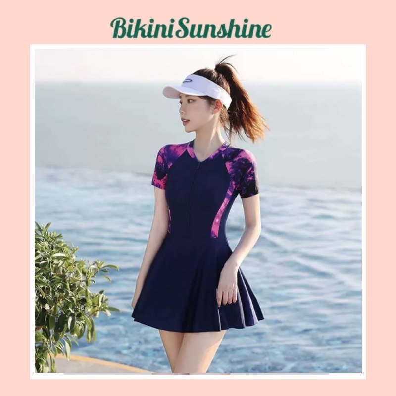 [Size 38-68kg] Bikini, đồ bơi nữ liền thân dây kéo phối xám form váy có quần bảo hộ đùi và lững kín đáo BIKINISUNSHINE V | BigBuy360 - bigbuy360.vn