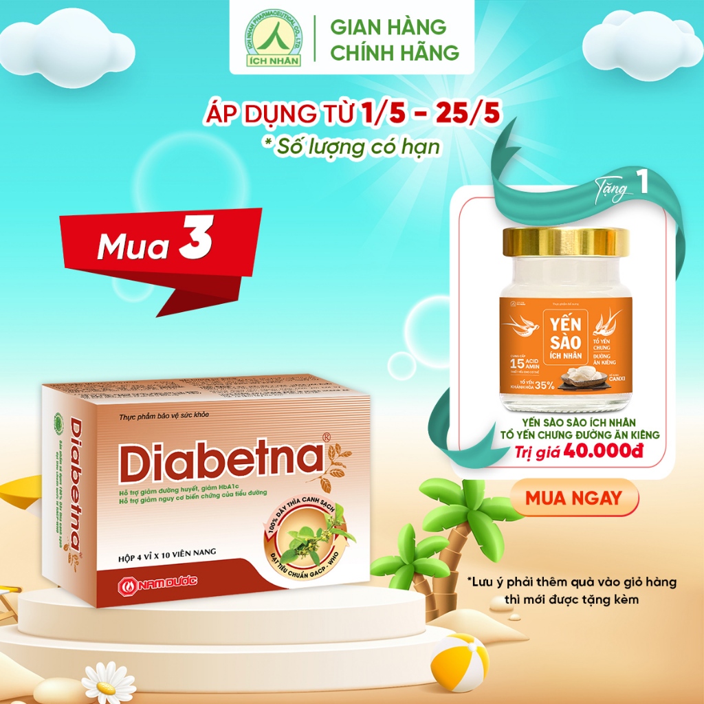 Viên uống dây thìa canh Diabetna dành cho người tiểu đường - giúp làm giảm đường huyết và biến chứng hộp 40v