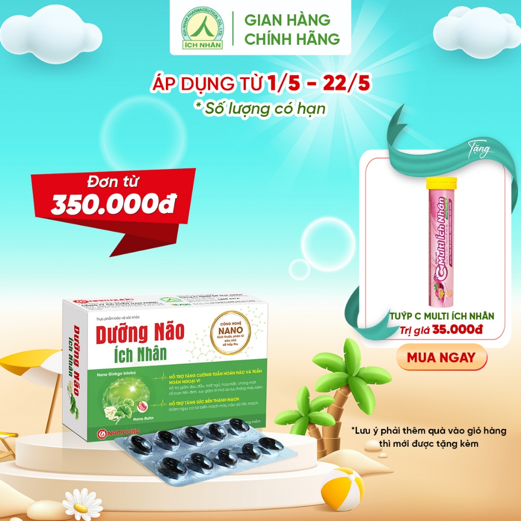 Viên uống dưỡng não Ích Nhân tăng cường tuần hoàn, giảm lo âu, hạn chế tai biến hộp 20 viên