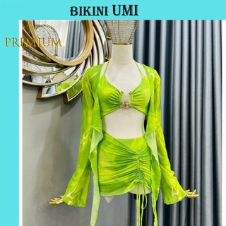 Bikini umi bikini 2 mảnh đính khoen sừng kèm áo khoác in họa tiết xanh bikini store