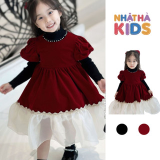 Váy nhung G5 thiết kế cộc tay đính ngọc trai cổ áo viền ren size đại từ 14 - 45kg