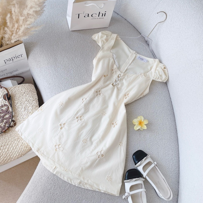 ĐẦM MIDI NUDE CỔ TIM NÚT BỌC