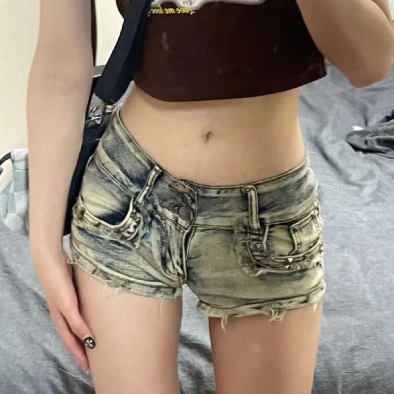 Quần đùi nữ jean phong cách Mỹ eo thấp siêu ngắn