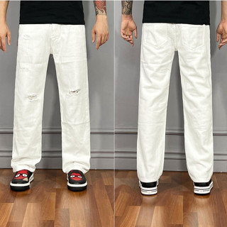 Quần jean nam ống suông trắng rách cao cấp phong cách ống đứng nổi bật BAGY Trắng 3945