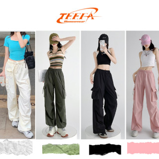 Quần ống rộng Baggy Cargo TEEFAWOMEN,  Quần Jogger Nữ Vải GIó Cạp Chun Rút Dây