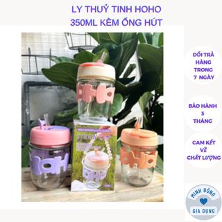 Ly thuỷ tinh hoho nắp màu 350ml kèm ống hút thuỷ tinh