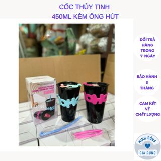 Ly thủy tinh, Cốc thủy tinh uống nước 450ml kèm ống hút phong cách Hàn Quốc