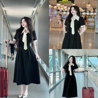 Đầm váy nữ dáng xòe cột nơ dài tay ngắn phối cotton lạnh tôn dáng dễ thương thanh lịch quý phái