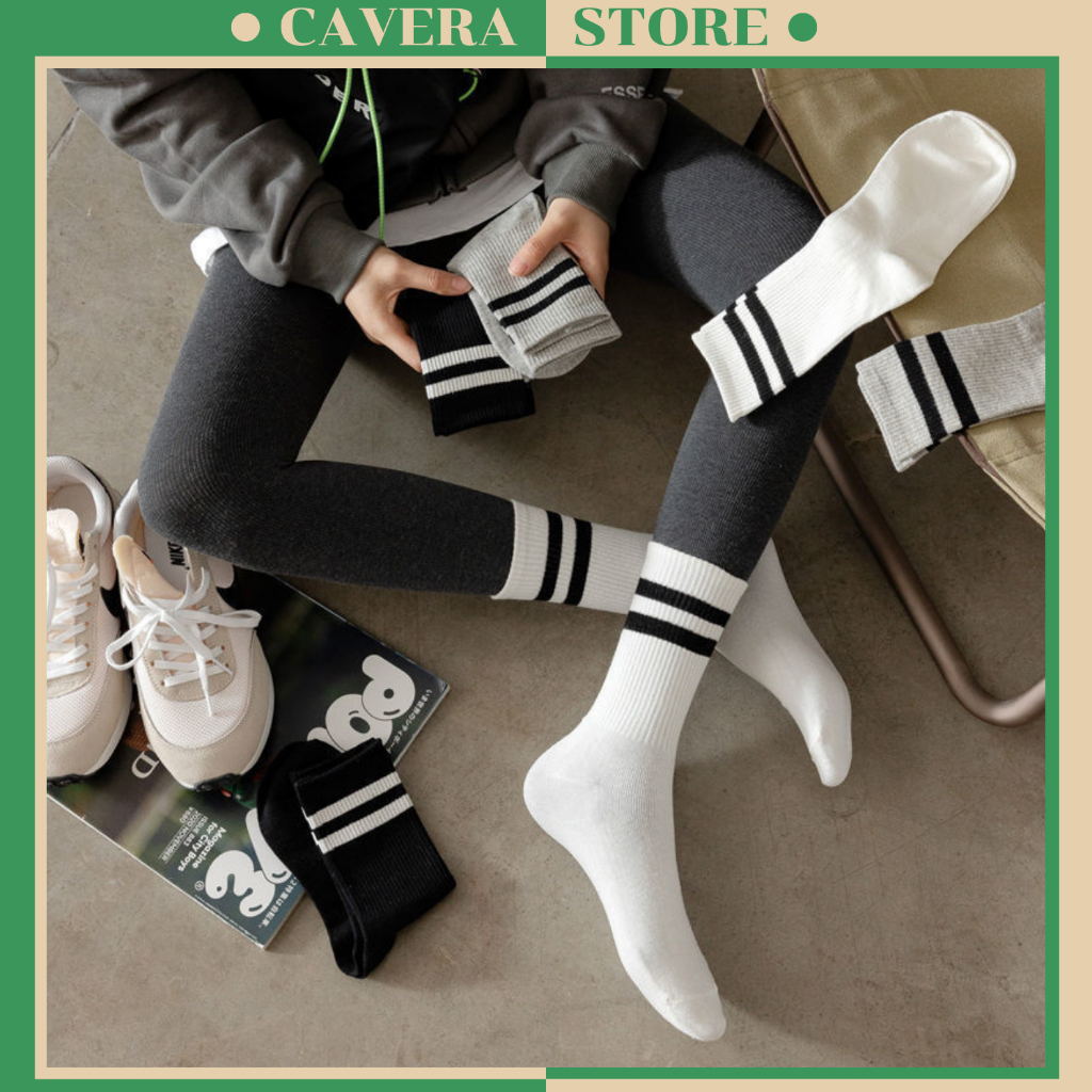 Tất Unisex Cổ Cao Viền Sọc , Vớ Nữ Cổ Cao Cotton Cao Cấp Phong Cách Vintage CAVERA T.588