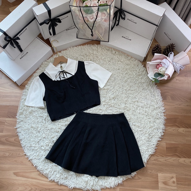 Set áo chân váy nơ cổ 676