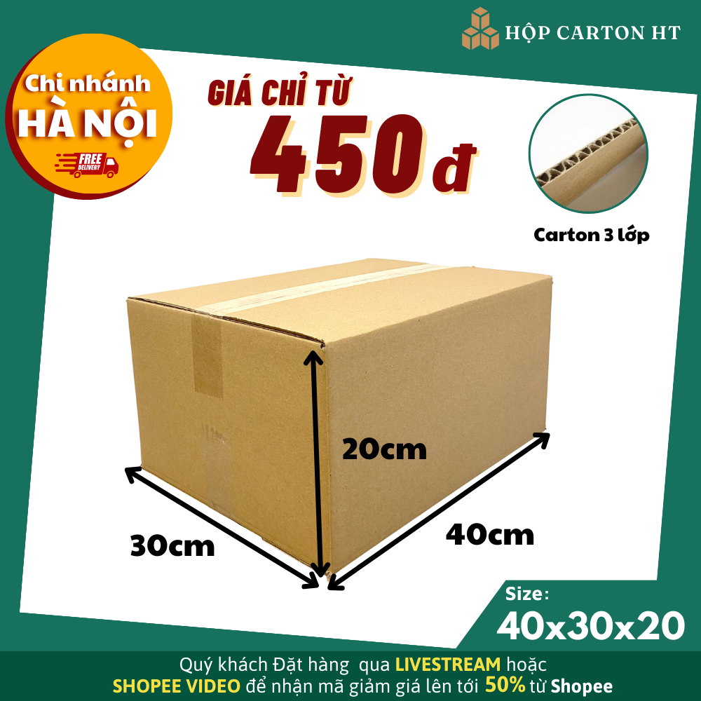 40x30x20 Combo 10 hộp carton đóng hàng thùng giấy carton gói hàng giá rẻ - Hộp carton HT