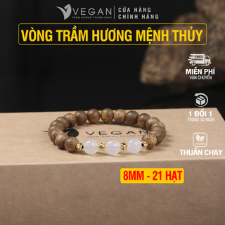 Vòng tay trầm hương thuần chay Vegan mix charm 3 đá trắng Mệnh Thủy 8mm
