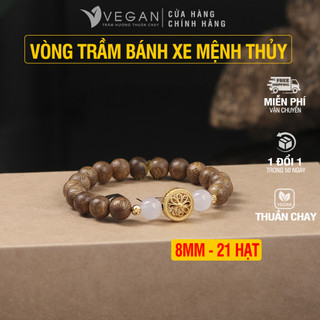 Vòng tay trầm hương Vegan mix bánh xe Pháp Luân Hồi mix 2 đá Trắng Mệnh Thủy 8mm