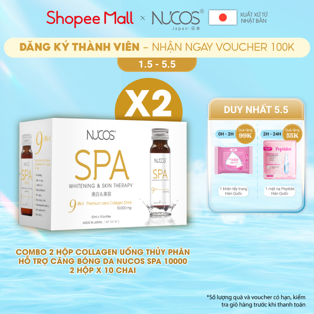 Combo 2 hộp Collagen thủy phân chống lão hóa Nucos Spa 10000 hộp 10 chai x 50 ml