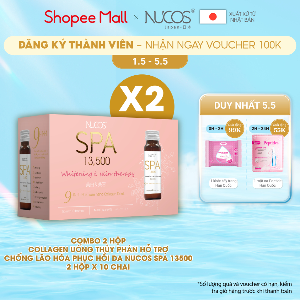 Combo 2 hộp Collagen thủy phân phục hồi da lão hóa  Nucos Spa 13500 hộp 10 chai x 50 ml