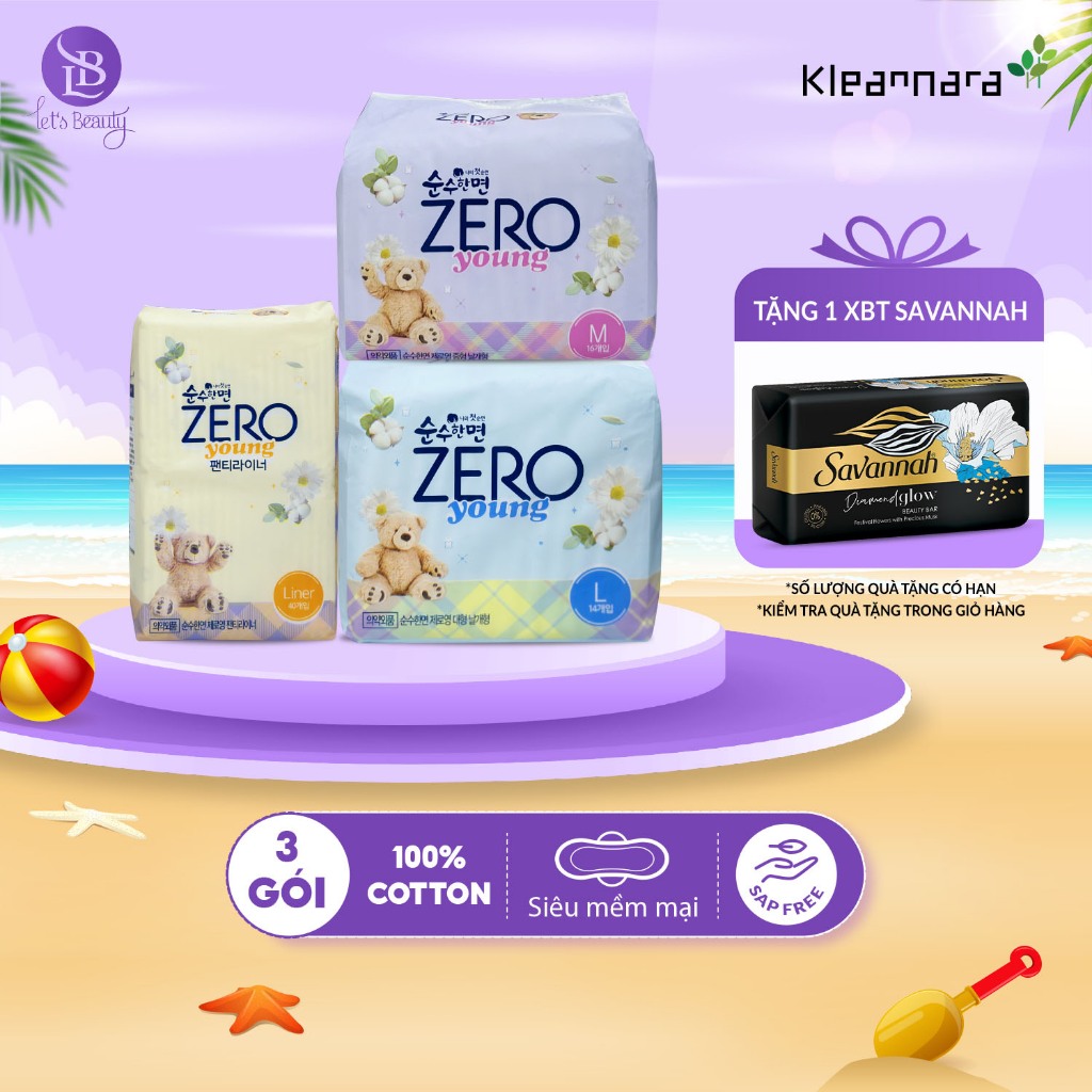 Combo 3 Gói Băng Vệ Sinh Kleannara Zero Young Hàn Quốc Siêu Mềm Mại, Không Mùi Các Size Có Cánh, Không Cánh