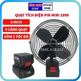 Quạt tích điện pin 199v, quạt tích điện cầm tay mini 8 inch 2 tốc độ nhỏ gọn, chân pin phổ thông
