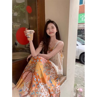Set áo lưới ba lỗ + Váy hai dây họa tiết phong cách BOHO vintage cổ điển hàng QC cao cấp