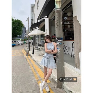 (ORDER) Váy hai dây cổ yếm thắt eo xòe ngắn đuôi cá điệu đà mùa hè đi biển điệu đà hàng QC cao cấp