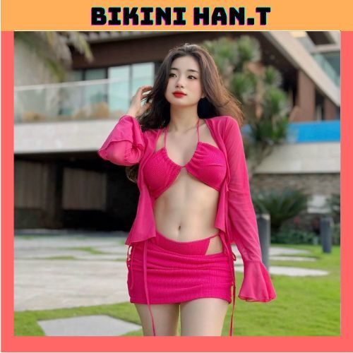Đồ bơi,Bộ BIKINI DJMIE hàng thiết kế, tặng hoa cài kèm áo khoát 5 món ẢNH THẬT (mie hoa)