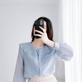 Áo sơ mi HINSTORE79 áo sơ mi kiểu công sở chất liệu tơ xước cổ sen 2 tầng tay bồng dài tay 007