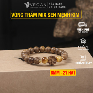 Vòng tay VEGAN trầm hương thuần chay mix đá Charm sen Mệnh Kim 8mm