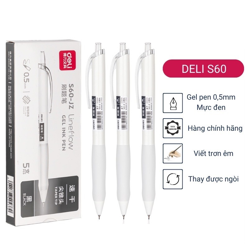 Bút gel Deli học sinh mực đen bấm khô nhanh ngòi 0,5mm đầu bút hình nón S60-JZ/S60-ST/S08-B/S60-H