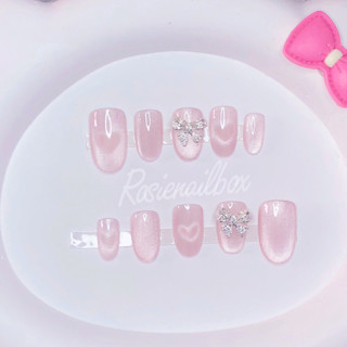 (Video ẢNH THẬT) Nail box thiết kế mắt mèo Ánh Trăng màu hồng thạch kết hợp mắt mèo trái tim gắn charm nơ đá sang xinh