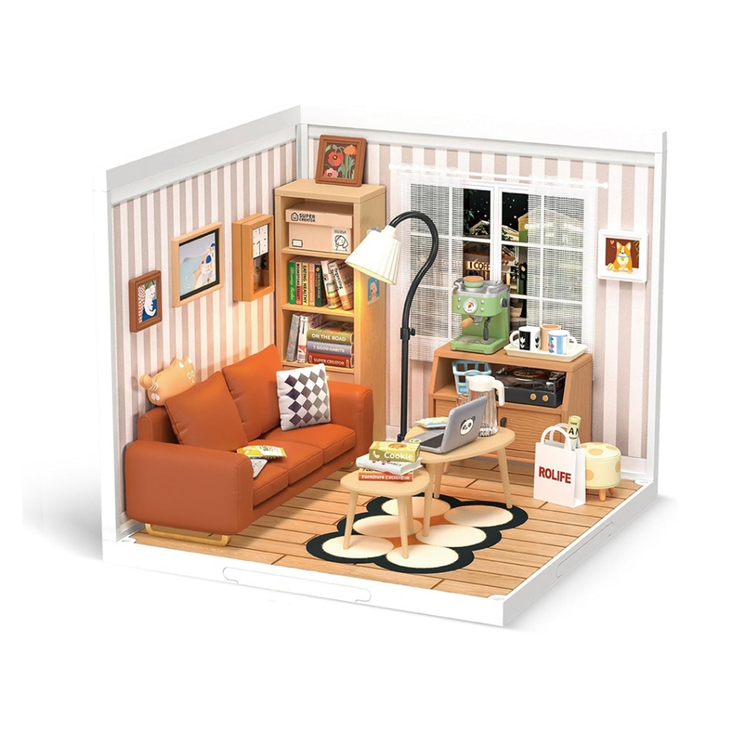 Nhà búp bê Robotime DIY. Rolife Cozy Living Lounge Plastic Miniature House DW007. Mô hình Deer Store