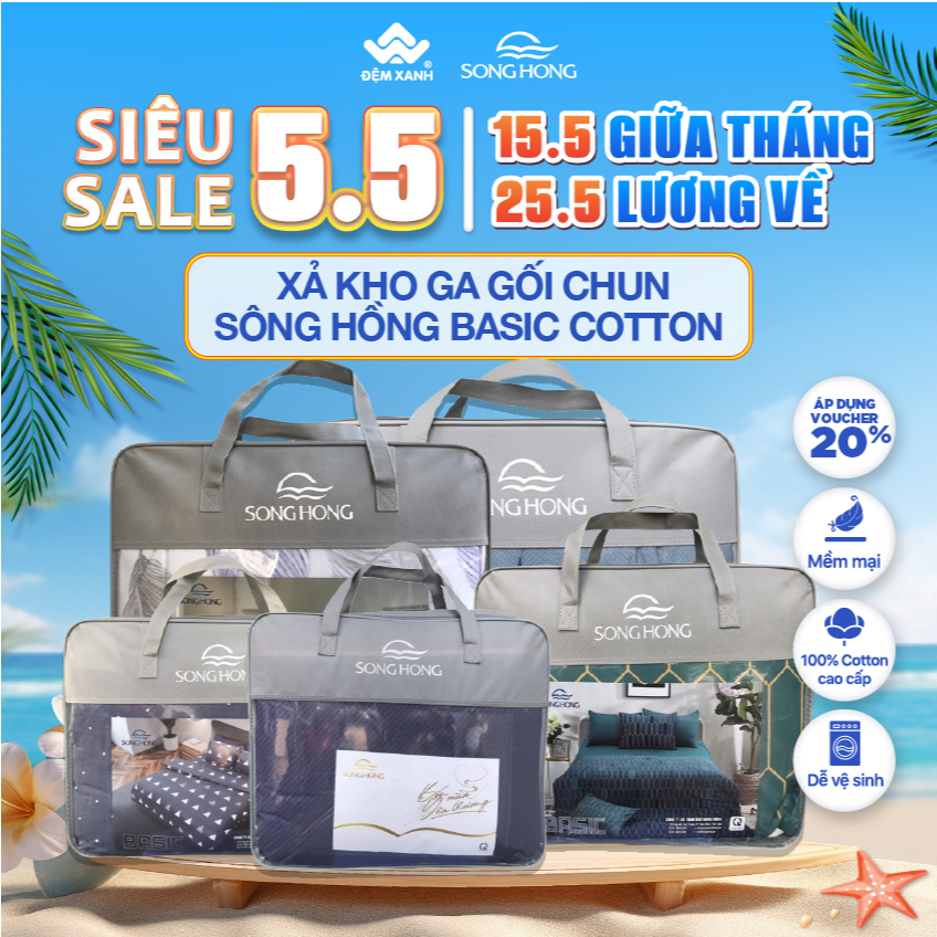 Xả kho Ga gối chun Sông Hồng BC21-22 Basic cotton (bộ gồm ga chun + vỏ gối đầu) giá rẻ nhất