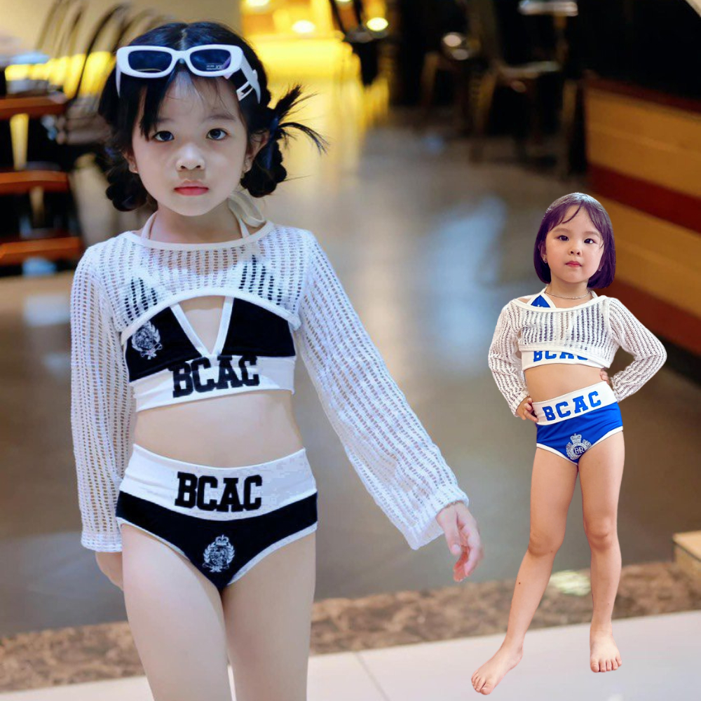 Đồ bơi cho bé gái, set bộ bơi bikini 3 chi tiết gồm áo, quần rời kèm áo choàng lưới chất thun lạnh c