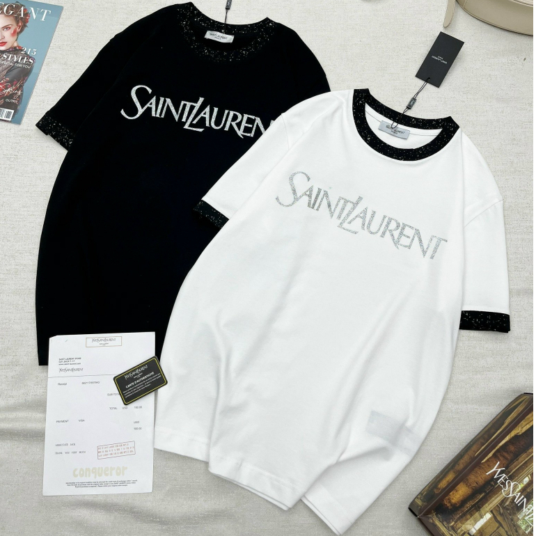 Áo Saint Laurent Chữ Ánh Kim Cổ Tròn Hotrend 2024, Áo Kim Tuyến Chất Cotton Trẻ Trung cho cặp đôi