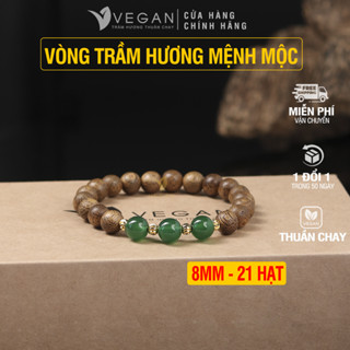 Vòng tay trầm hương thuần chay Vegan mix charm 3 đá xanh lá Mệnh Mộc 8mm