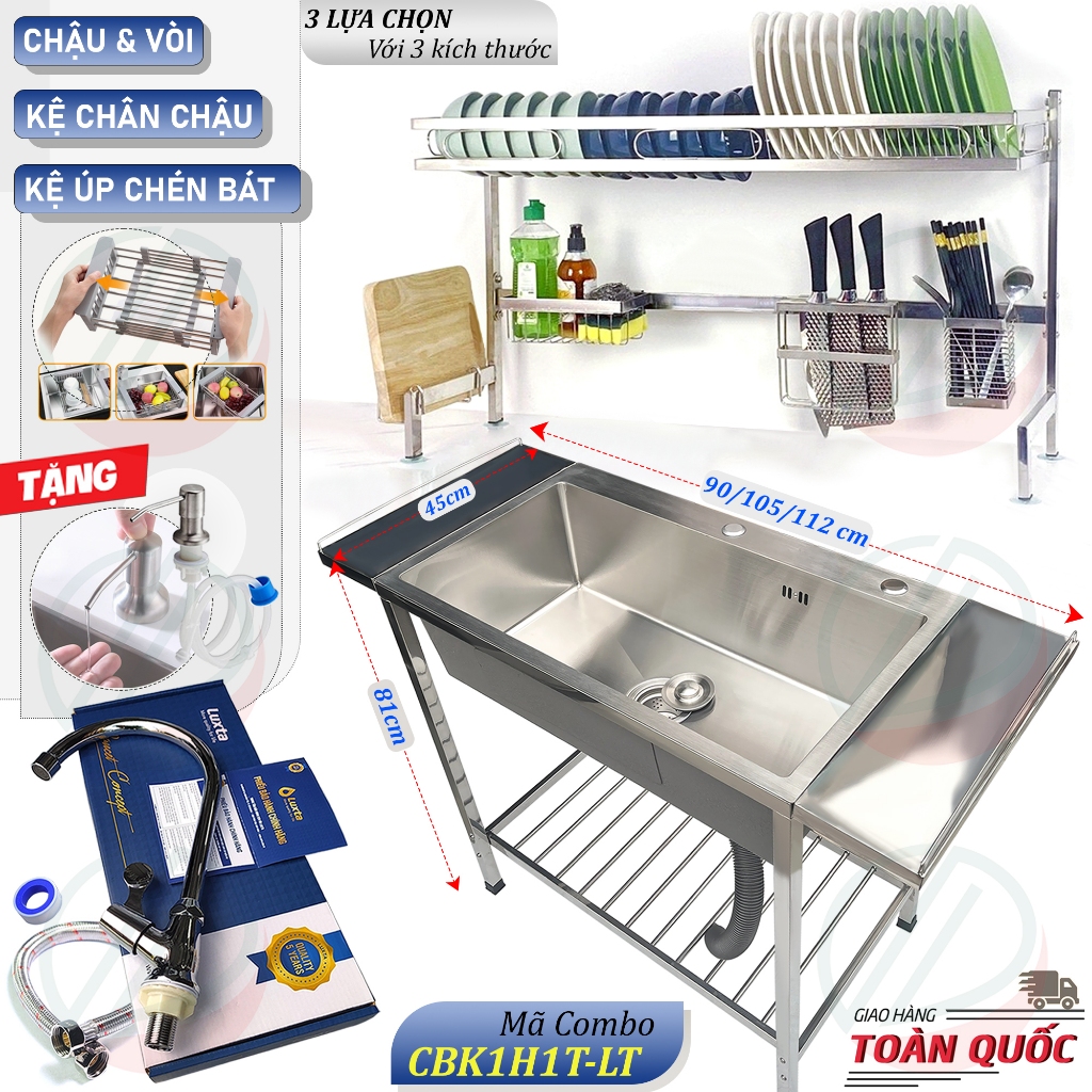 COMBO Chậu Rửa Bát Có Chân Kèm Kệ Úp Chén Đa Năng - Chậu 1 hộc nhiều kích thước, kệ chén, vòi lạnh Luxta và phụ kiện
