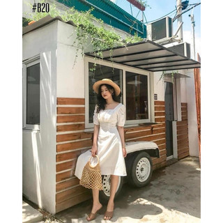 Đầm cổ vuông nhíu ngực nhún tay kèm ảnh thật