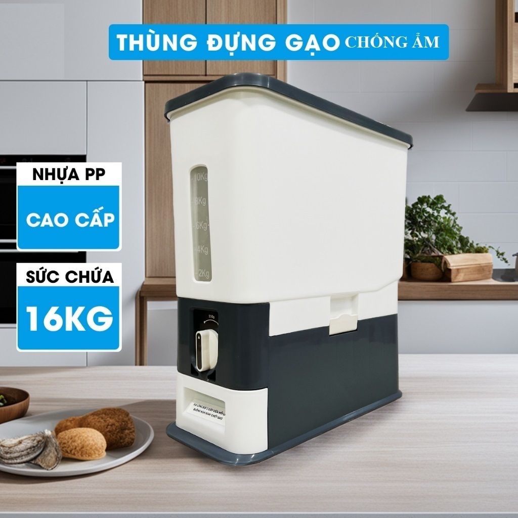 Thùng đựng gạo Vinasu 16kg kèm cốc vo gạo, thùng gạo nhà bếp - Thùng gạo chống ẩm mốc