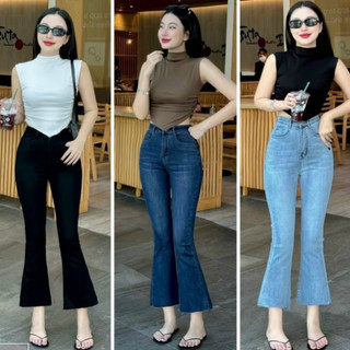 Quần jean nữ dáng loe 9 tấc chất jean co giãn, cạp cao, lai cắt