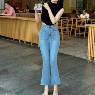 (LOE9TAC.JS0011) Quần Jean Nữ Dáng Loe 9 Tấc (90-92cm) Chất Jean Co Giãn, Cạp Cao, Lai Cắt