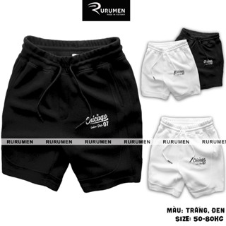 Quần Nam Short Thun RURUMEN In Logo Chữ Chicago Quần Thun Nam Ngắn Cao Cấp Màu Đen, Trắng