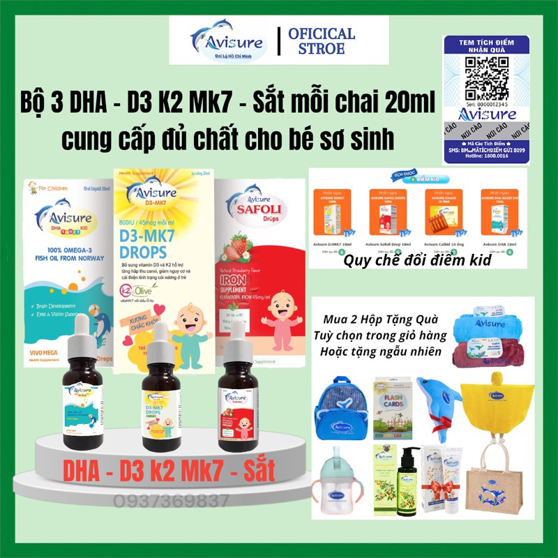 Tích điểm - Bộ ba 20ml Avisure D3MK7, DHA, Safoli Drop bổ sung D3, DHA, Sắt tinh khiết, tự nhiên cho