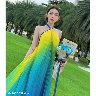 gv206.28.20- order-Đầm maxi loang màu dập ly cổ yếm xoắn