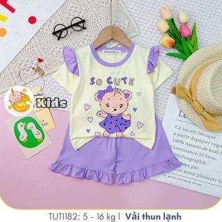 Đồ bộ cộc tay phối bèo cho bé in hình đáng yêu, TUTI182