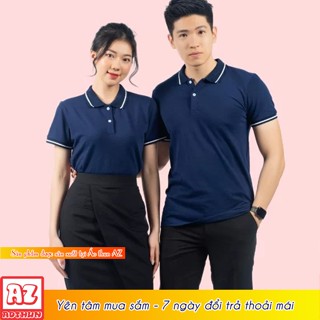 Áo thun polo cổ trụ nam nữ màu xanh đen navy phối viền trắng trơn - Vải cá sấu poly cao cấp