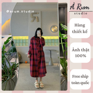 Váy, đầm sơ mi [HÀNG THIẾT KẾ] dáng suông, cổ trụ, hoạ tiết kẻ, có túi sườn ảnh chính chủ Arumstudio
