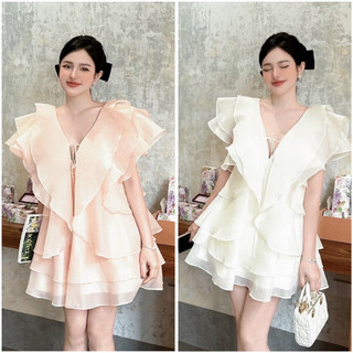 Đầm suông viền bèo tầng cột nơ , lót lụa xinh xẻo hai màu