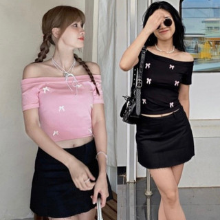 Áo trễ vai đính nơ form ngắn ôm body tôn dáng chất co giãn Jun Store 1116 P9K2