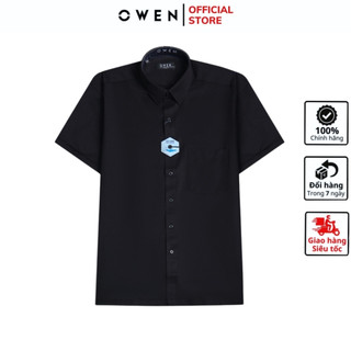 Áo sơ mi ngắn tay nam OWEN AB230021NT somi công sở cao cấp chất nano màu đen trơn dáng body fit tà bằng có túi