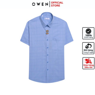 Áo sơ mi ngắn tay nam OWEN AR240066NT somi công sở cao cấp vải sợi tre màu xanh nhạt kẻ caro dáng suông tà lượn có túi